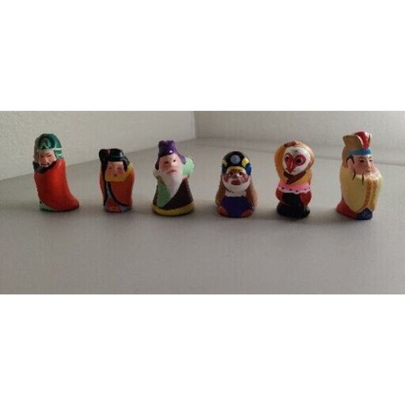 VTG Figurines Gods Good Luck Six Lucky 2” Clay Hand Painted RARE Chinese Clay - Picture 1 of 16